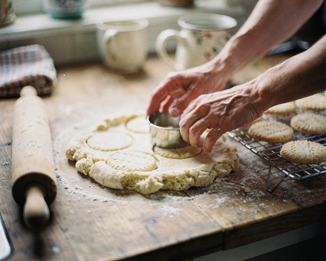 Hands cutting biscuit shapes on a floured worktop