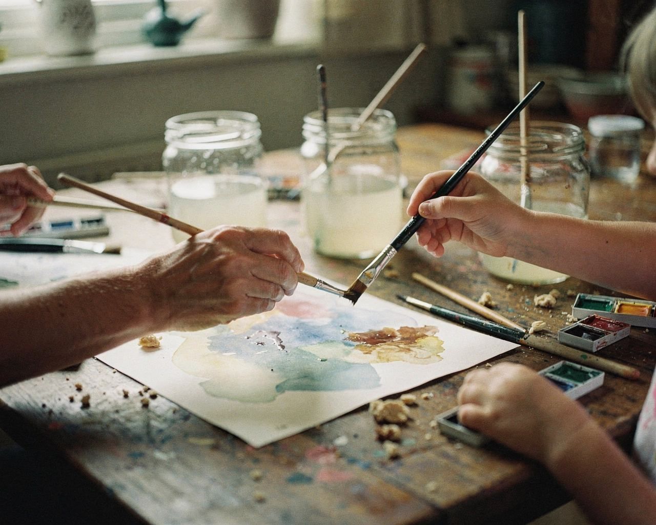 An adult's and a child's hands painting together